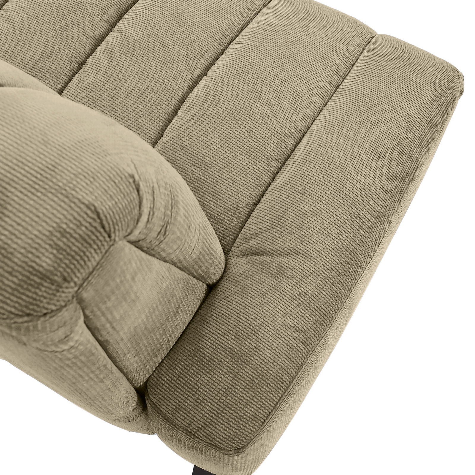 Nahaufnahme einer beigen 2er-Sitzbank aus Cordstoff, von oben betrachtet.