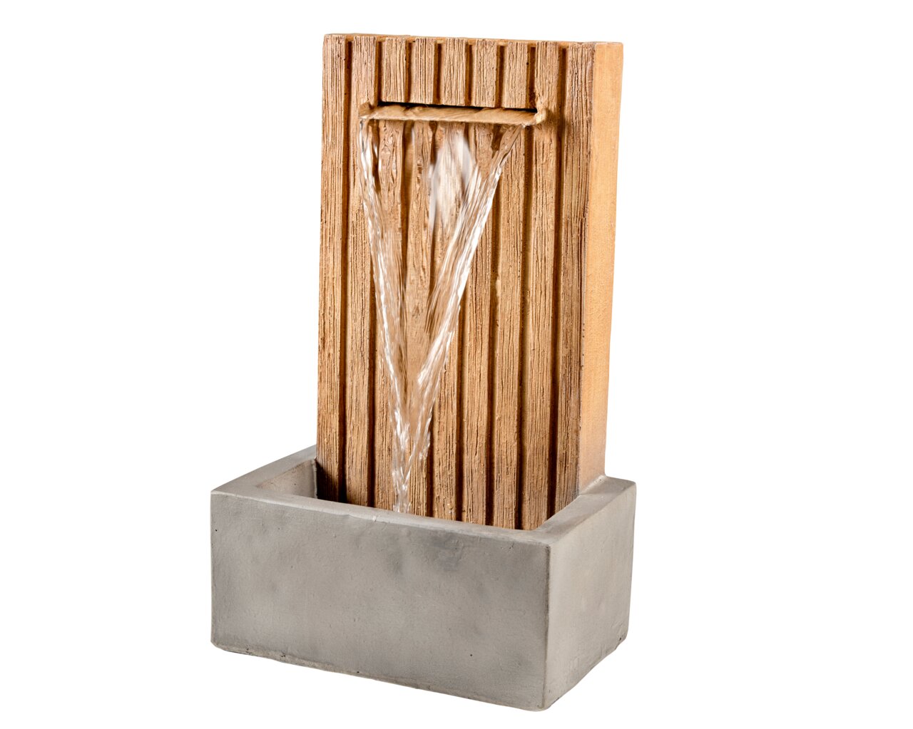 Lumineo Brunnen Outdoor Moderner Brunnen aus GRC-Material mit vertikalen Rillen und fließendem Wasser, frontal betrachtet.