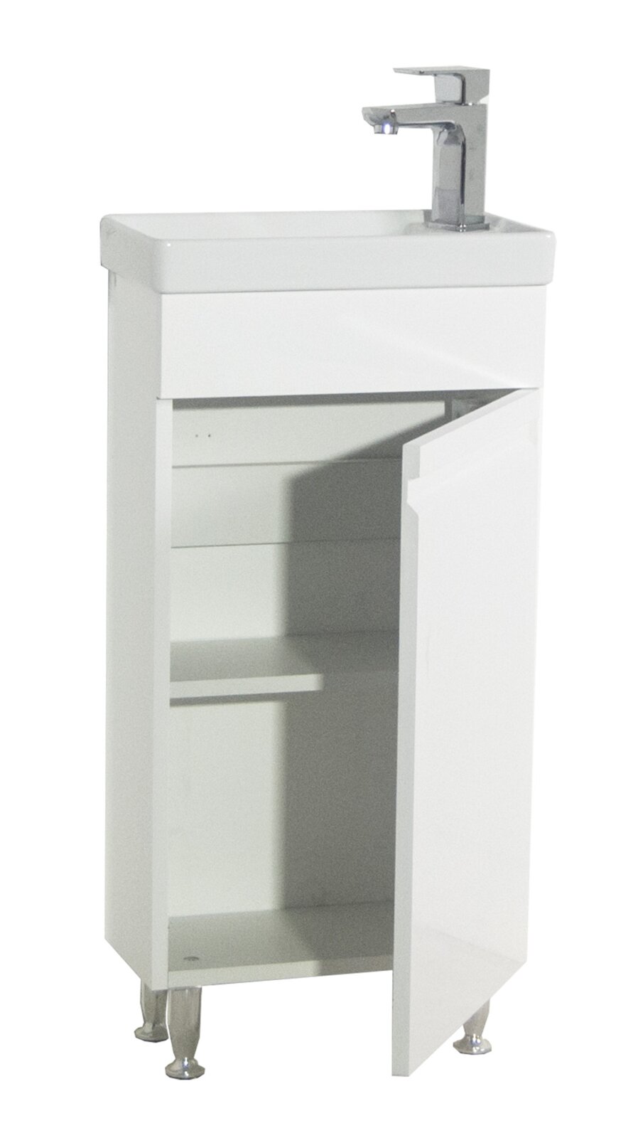 Weißer Bad-Waschtischunterschrank mit Waschbecken und Chrom-Armatur, Tür geöffnet mit Innenablagen, freistehend auf Metallfüßen, Ansicht schräg von vorne rechts.