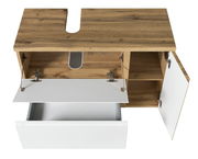 Waschbeckenunterschrank aus Holz mit geöffneter Schublade und Türen, Ansicht von oben
