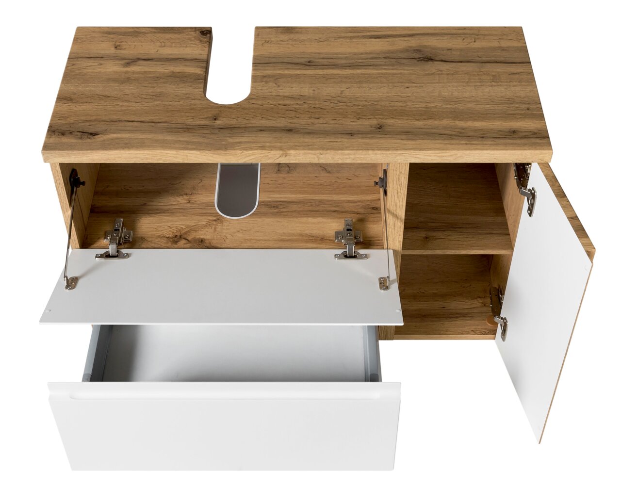 Waschbeckenunterschrank aus Holz mit geöffneter Schublade und Türen, Ansicht von oben