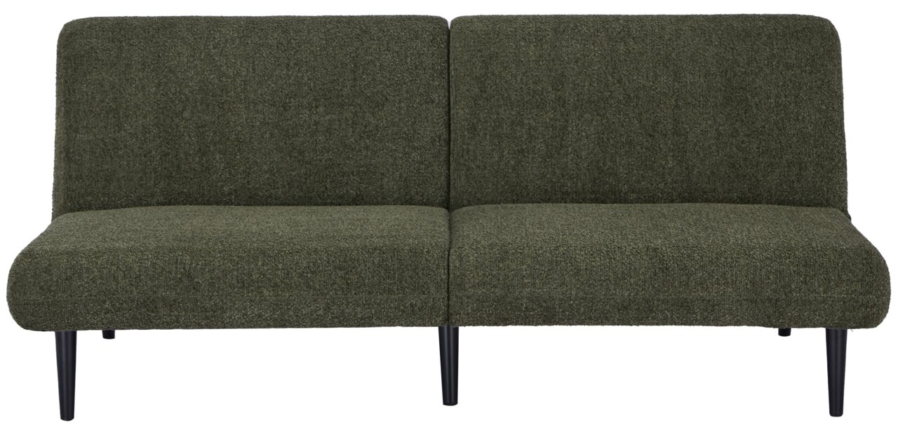 Grünes Funktionssofa mit zwei Sitzflächen und schwarzen Beinen, Frontalansicht