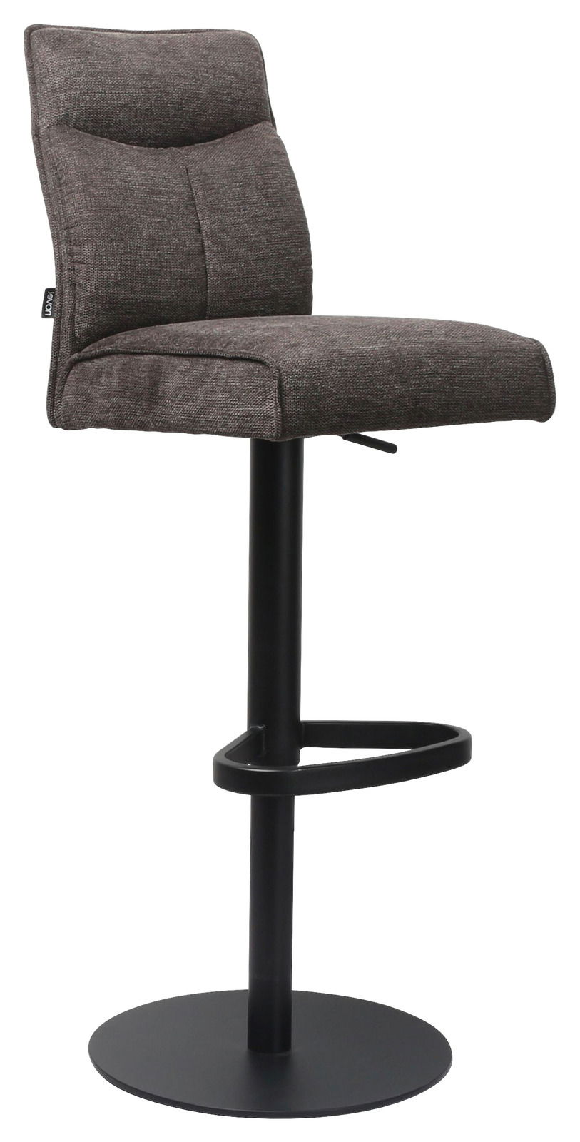 Moderner Barhocker mit gepolstertem Sitz und Rückenlehne in grauem Stoff, schwarzem Metallgestell und Fußstütze, seitliche Perspektive