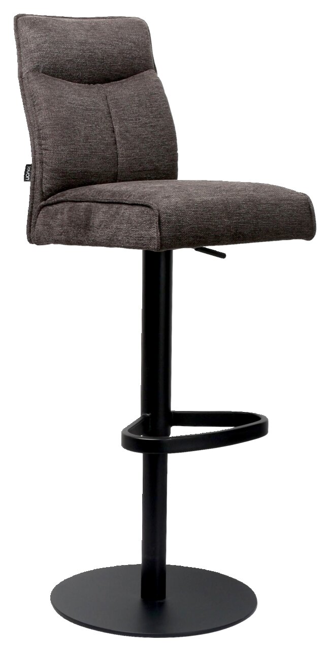 Novel Barhocker BUFFY Moderner Barhocker mit gepolstertem Sitz und Rückenlehne in grauem Stoff, schwarzem Metallgestell und Fußstütze, seitliche Perspektive