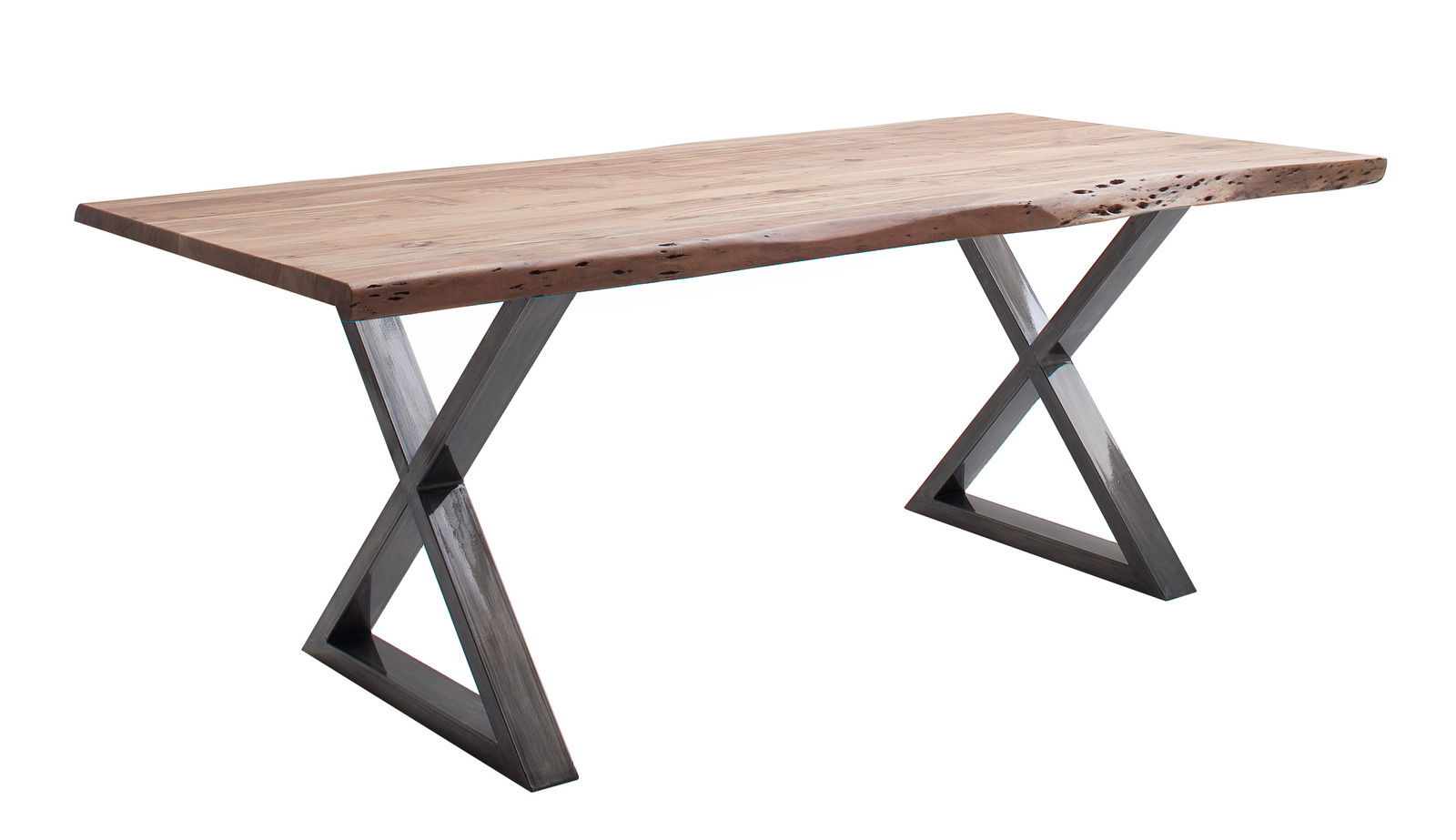 Moderner Esstisch mit Holzplatte und X-förmigen Metallbeinen, seitliche Perspektive