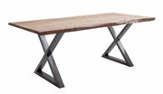 Moderner Esstisch mit Holzplatte und X-förmigen Metallbeinen, seitliche Perspektive