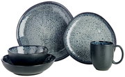 Kombiservice 10-teilig in dunklem, gesprenkeltem Design, bestehend aus Tellern, Schalen und einer Tasse, seitliche Perspektive