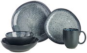 Kombiservice 10-teilig in dunklem, gesprenkeltem Design, bestehend aus Tellern, Schalen und einer Tasse, seitliche Perspektive