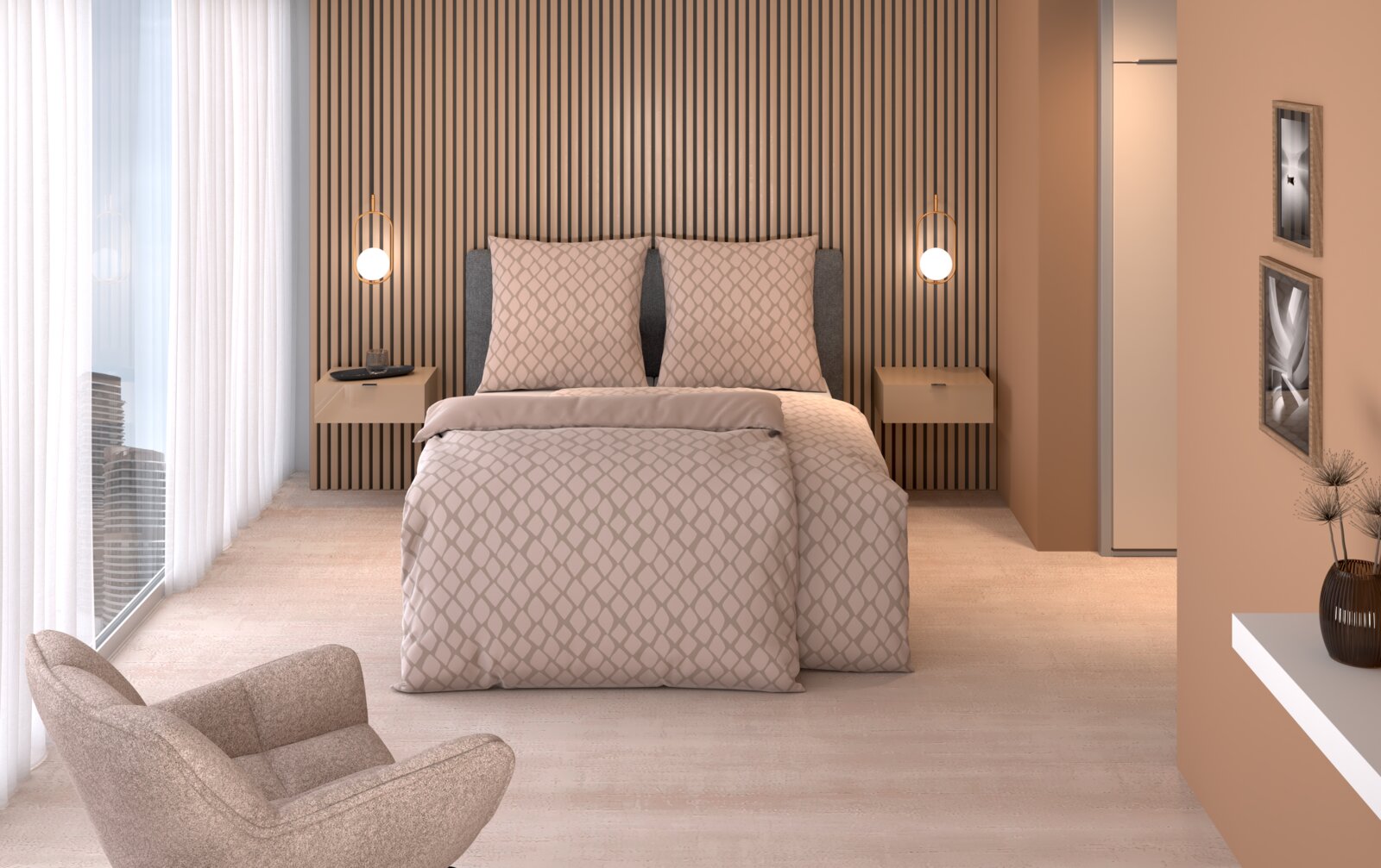 Wendebettwäsche in einem modernen Schlafzimmer mit geometrischem Muster, frontal aufgenommen.