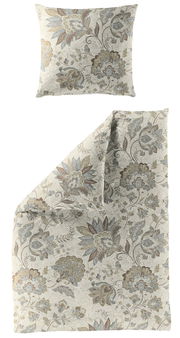 Bettwäsche-Set mit floralem Muster in Beige- und Brauntönen, bestehend aus einem Kissenbezug und einem Bettdeckenbezug, aus der Vogelperspektive fotografiert.