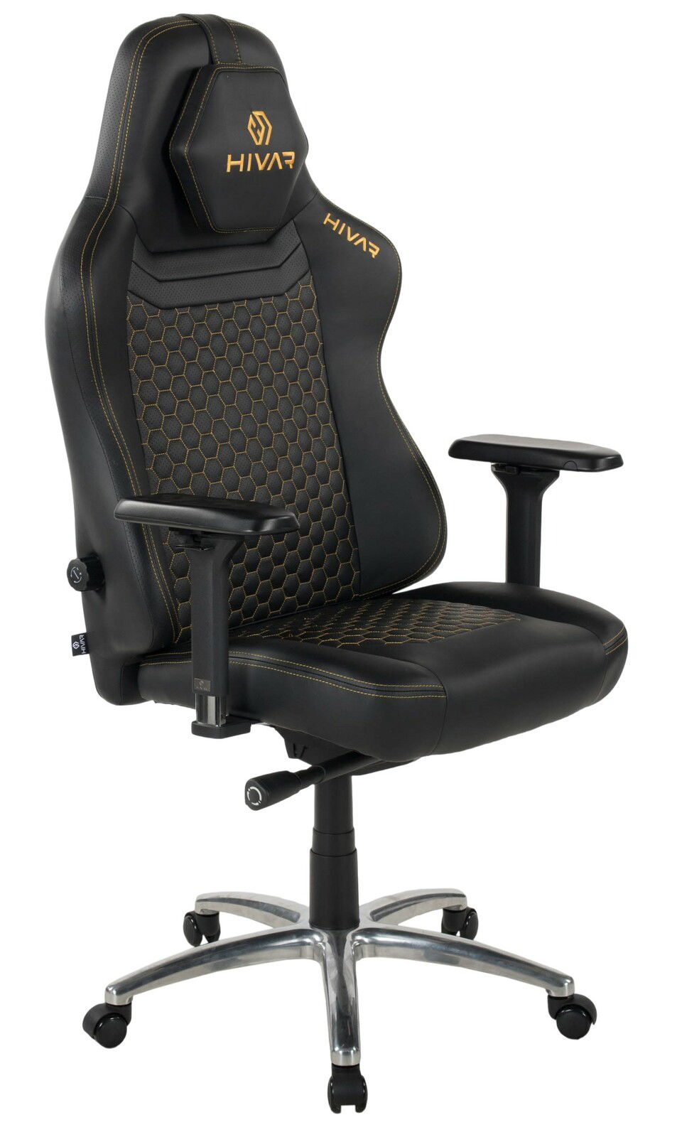 HIVAR Gaming Stuhl ORBICAL XL Schwarzer Gaming-Stuhl mit gelben Nähten und Wabenmuster, seitliche Perspektive