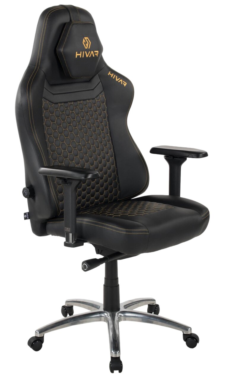 HIVAR Gaming Stuhl ORBICAL XL Schwarzer Gaming-Stuhl mit gelben Nähten und Wabenmuster, seitliche Perspektive