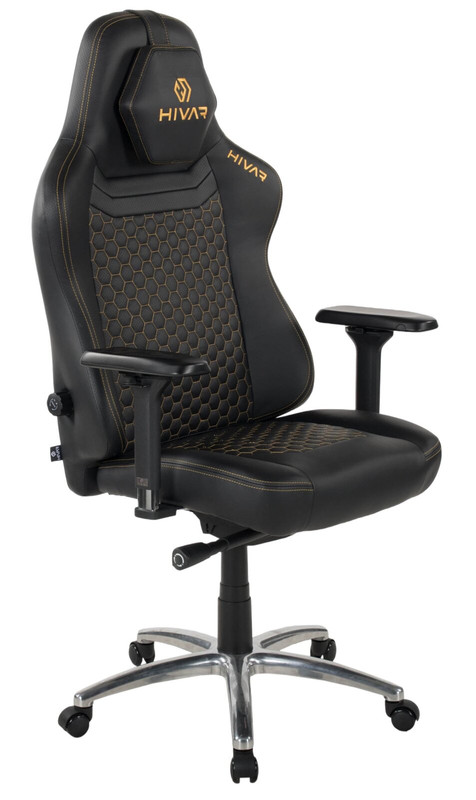 HIVAR Gamingstoel ORBICAL XL Schwarzer Gaming-Stuhl mit gelben Nähten und Wabenmuster, seitliche Perspektive