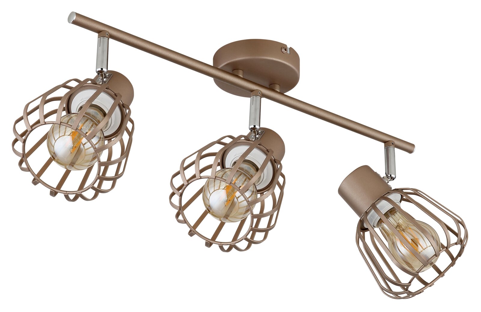 Dreiflammige Decken-Spotleiste aus Metall in Bronze/Beige mit drei verstellbaren Käfig-Lampenschirmen und sichtbaren LED-Filament-Leuchtmitteln, schräg von unten in Perspektive auf weißem Hintergrund
