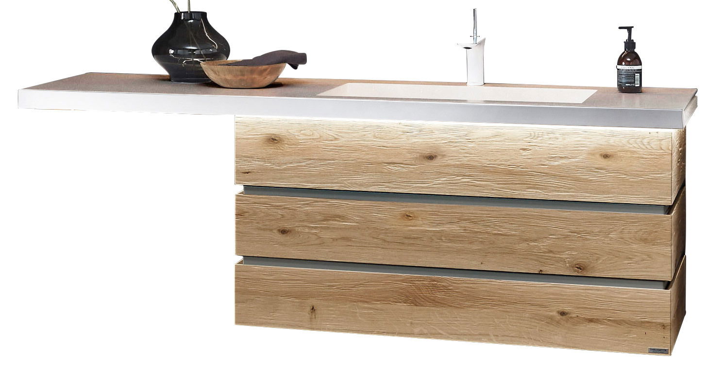 Moderne Waschtischkombination mit Holzoptik und integriertem Waschbecken, seitliche Perspektive