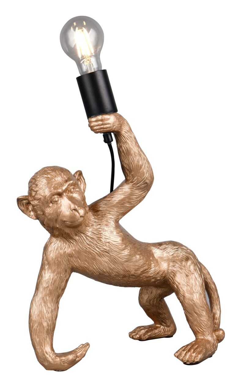 Goldene Affen-Tischleuchte mit Glühbirne in der Hand, seitliche Perspektive