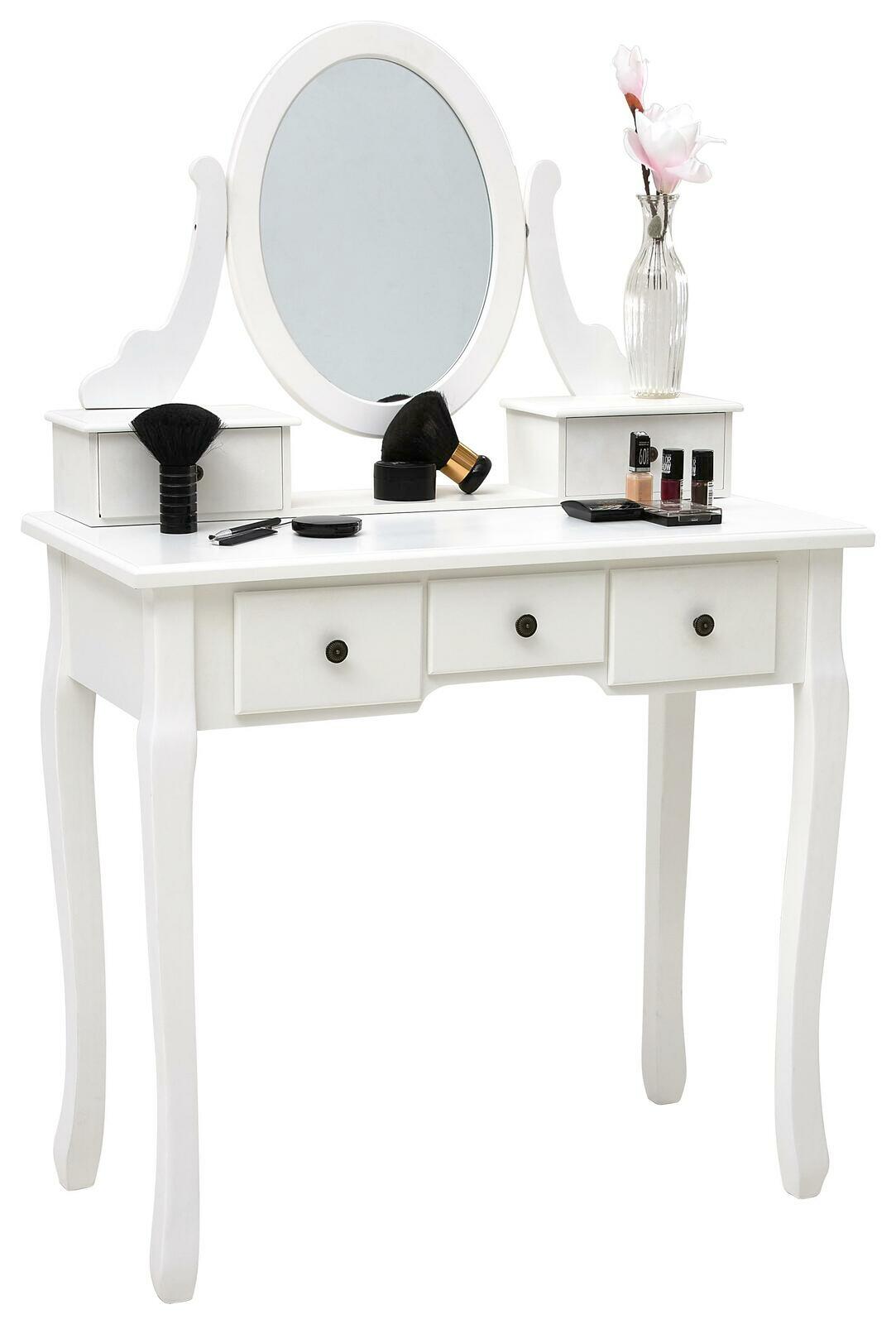 Landscape Schminktisch SIMONE Weißer Schminktisch mit ovalem Spiegel, zwei Schubladen und dekorativen Accessoires, frontal betrachtet.