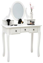 Weißer Schminktisch mit ovalem Spiegel, zwei Schubladen und dekorativen Accessoires, frontal betrachtet.