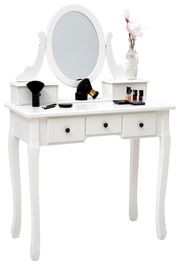 Weißer Schminktisch mit ovalem Spiegel, zwei Schubladen und dekorativen Accessoires, frontal betrachtet.