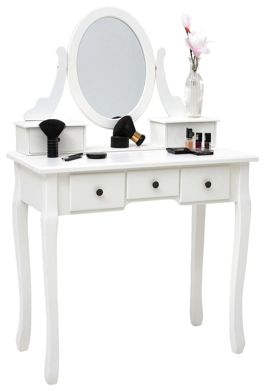 Landscape Kaptafel SIMONE Witte kaptafel met ovale spiegel, twee lades en decoratieve accessoires, gezien vanaf de voorkant.