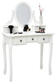 Witte kaptafel met ovale spiegel, twee lades en decoratieve accessoires, gezien vanaf de voorkant.