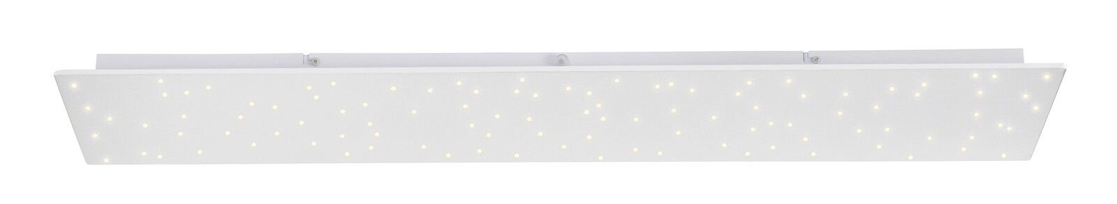 Rechteckige Deckenleuchte mit vielen kleinen, gleichmäßig verteilten LED-Lichtern, seitliche Perspektive
