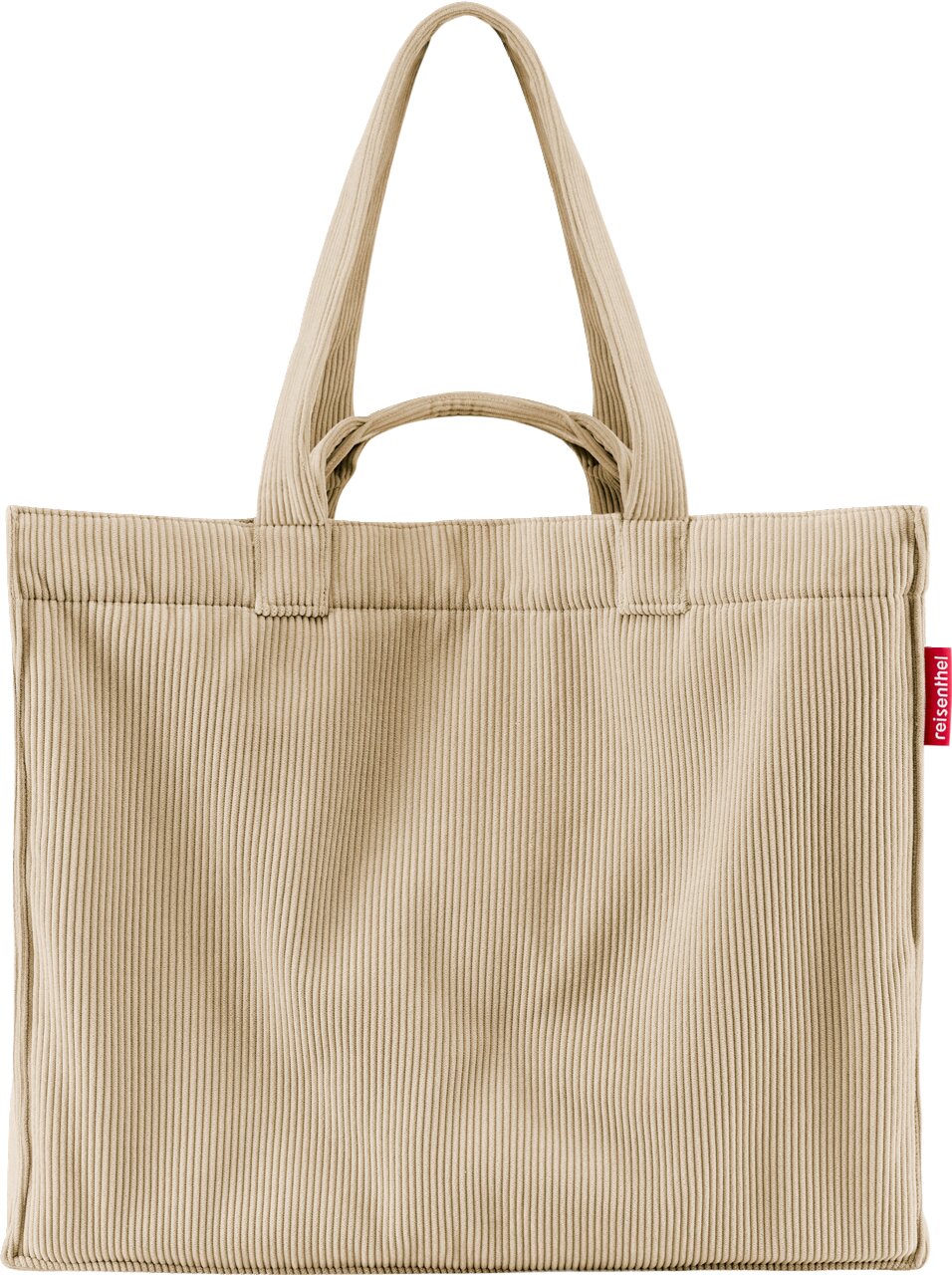 Beige Cord-Shopper mit zwei langen und zwei kurzen Tragegriffen, Frontansicht auf weißem Hintergrund; seitlich rotes reisenthel-Label sichtbar.