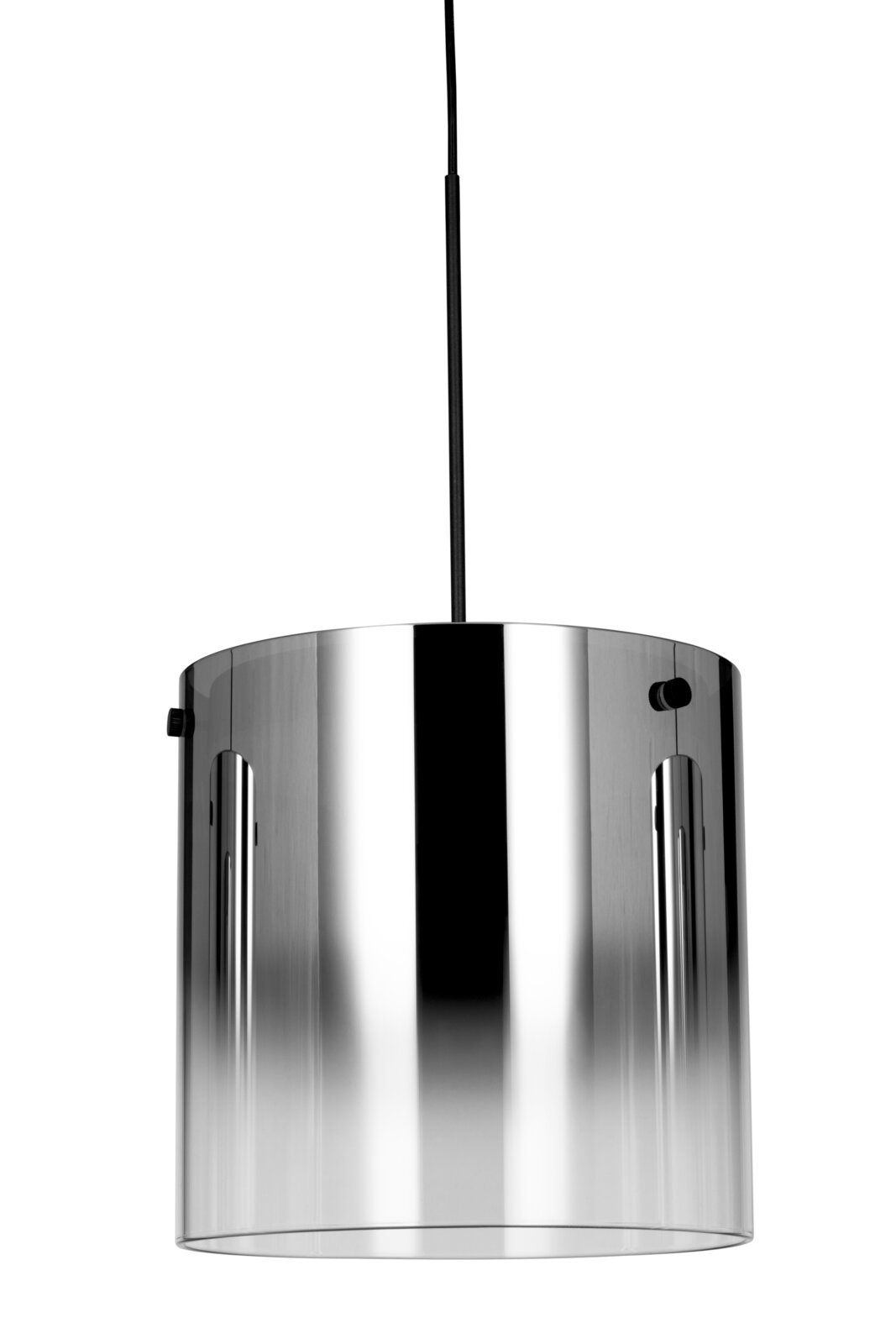 Moderne LED-Hängeleuchte mit zylindrischem, metallisch glänzendem Schirm, seitliche Ansicht.
