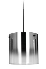 Moderne LED-Hängeleuchte mit zylindrischem, metallisch glänzendem Schirm, seitliche Ansicht.