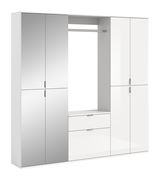 Garderobenkombination in Weiß mit Spiegel- und Schranktüren, Schubladen und Kleiderstange, frontale Ansicht