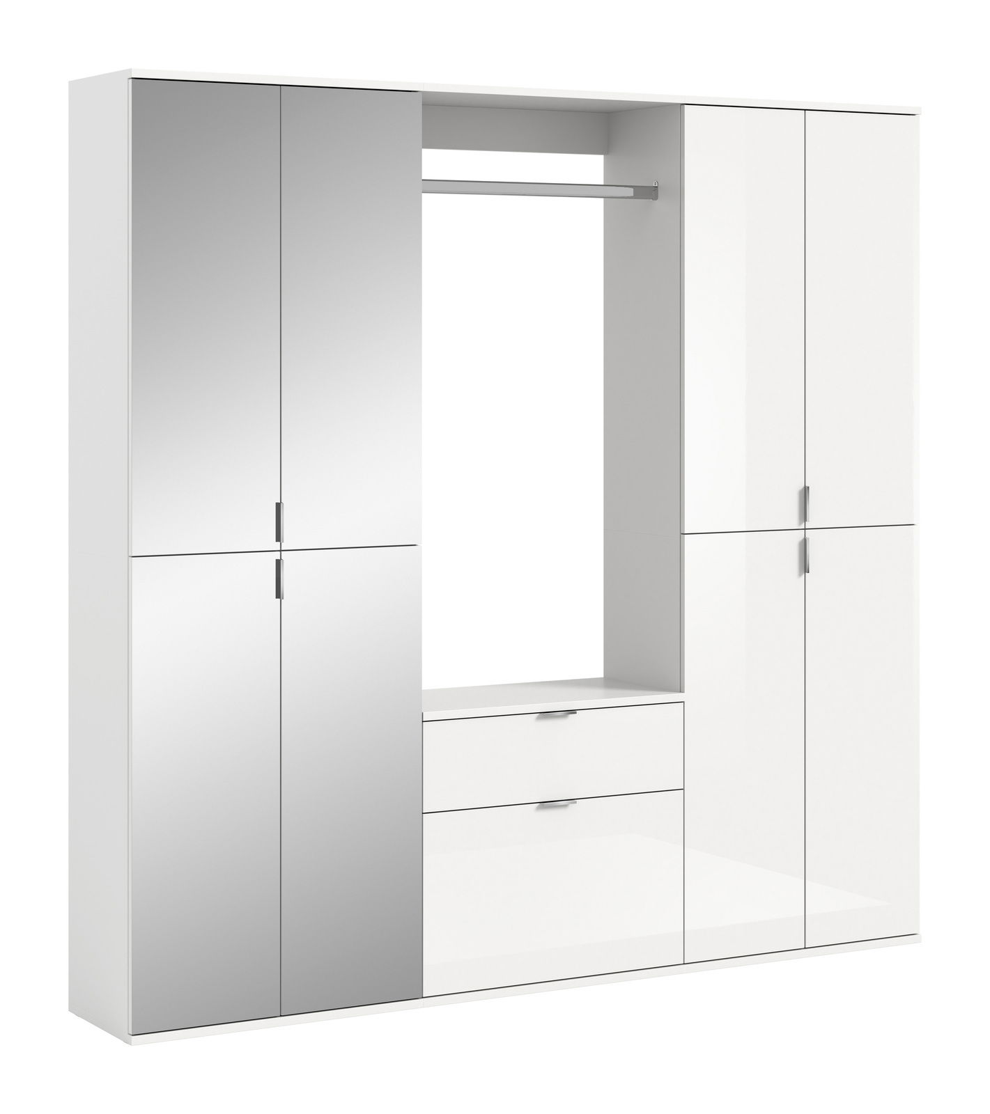 MID.YOU Garderobenkombination PROJEKT X Garderobenkombination in Weiß mit Spiegel- und Schranktüren, Schubladen und Kleiderstange, frontale Ansicht