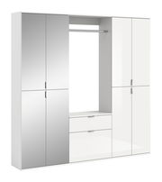 Garderobenkombination in Weiß mit Spiegel- und Schranktüren, Schubladen und Kleiderstange, frontale Ansicht