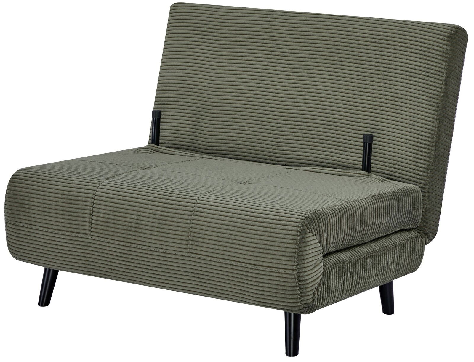 Grüner Funktionssessel mit geripptem Stoffbezug, seitliche Perspektive