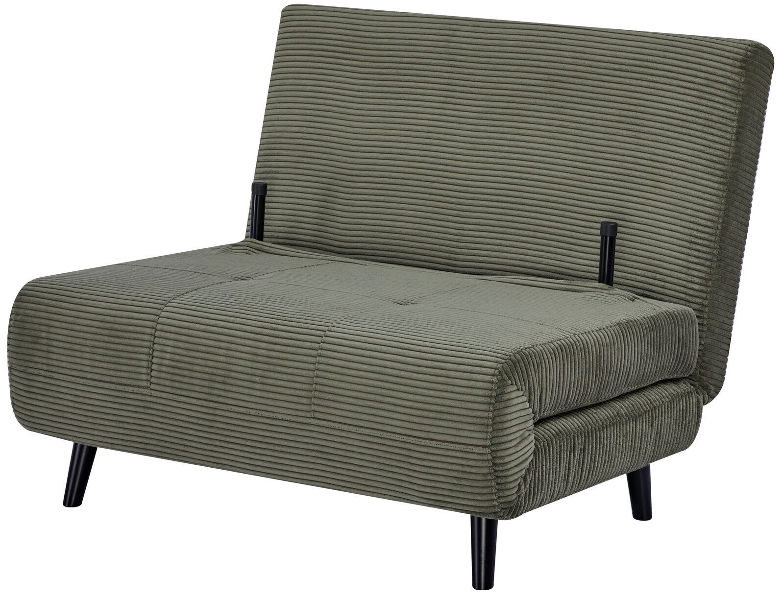 Grüner Funktionssessel mit geripptem Stoffbezug, seitliche Perspektive