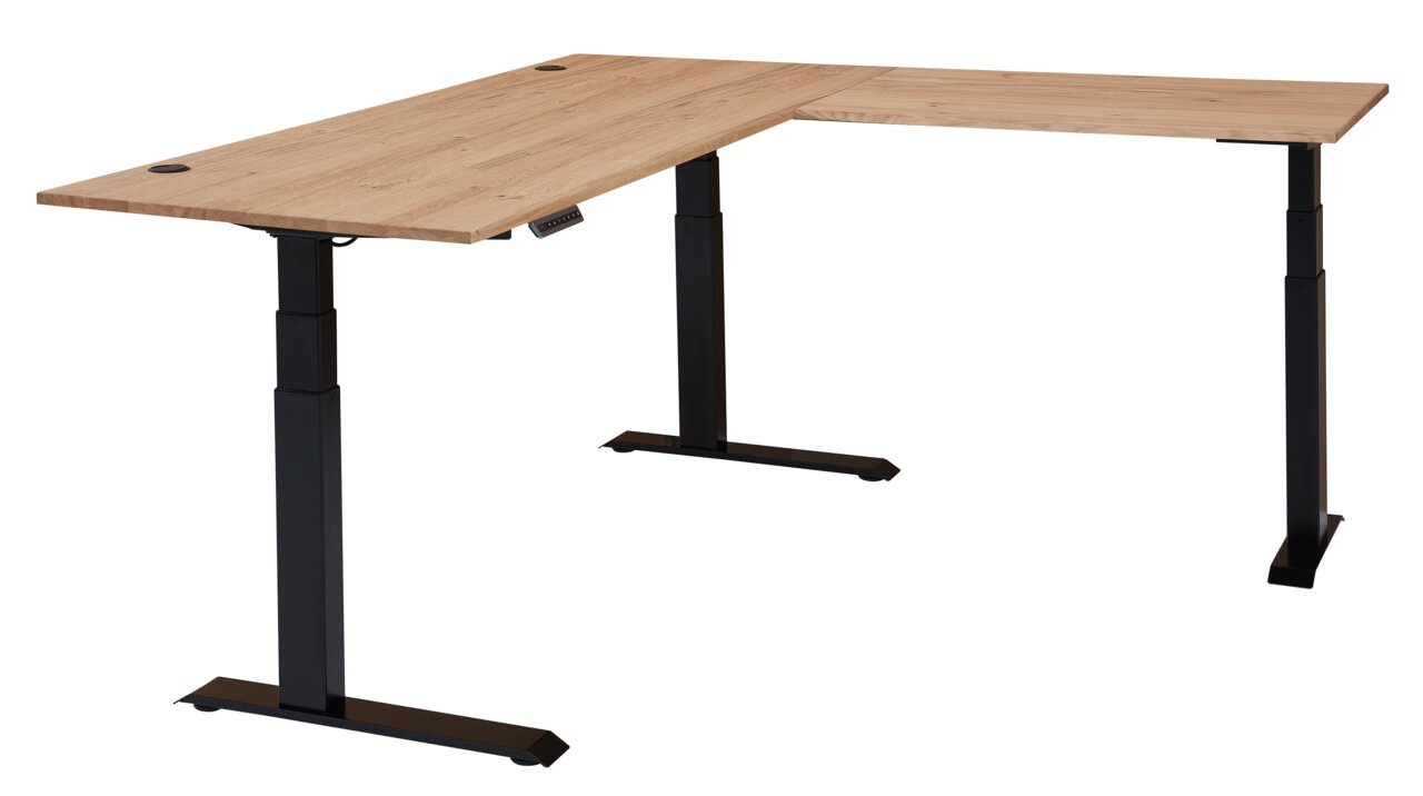 Moderner höhenverstellbarer Eckschreibtisch mit Holzfurnier und schwarzem Metallgestell, seitliche Perspektive