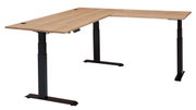 Moderner höhenverstellbarer Eckschreibtisch mit Holzfurnier und schwarzem Metallgestell, seitliche Perspektive