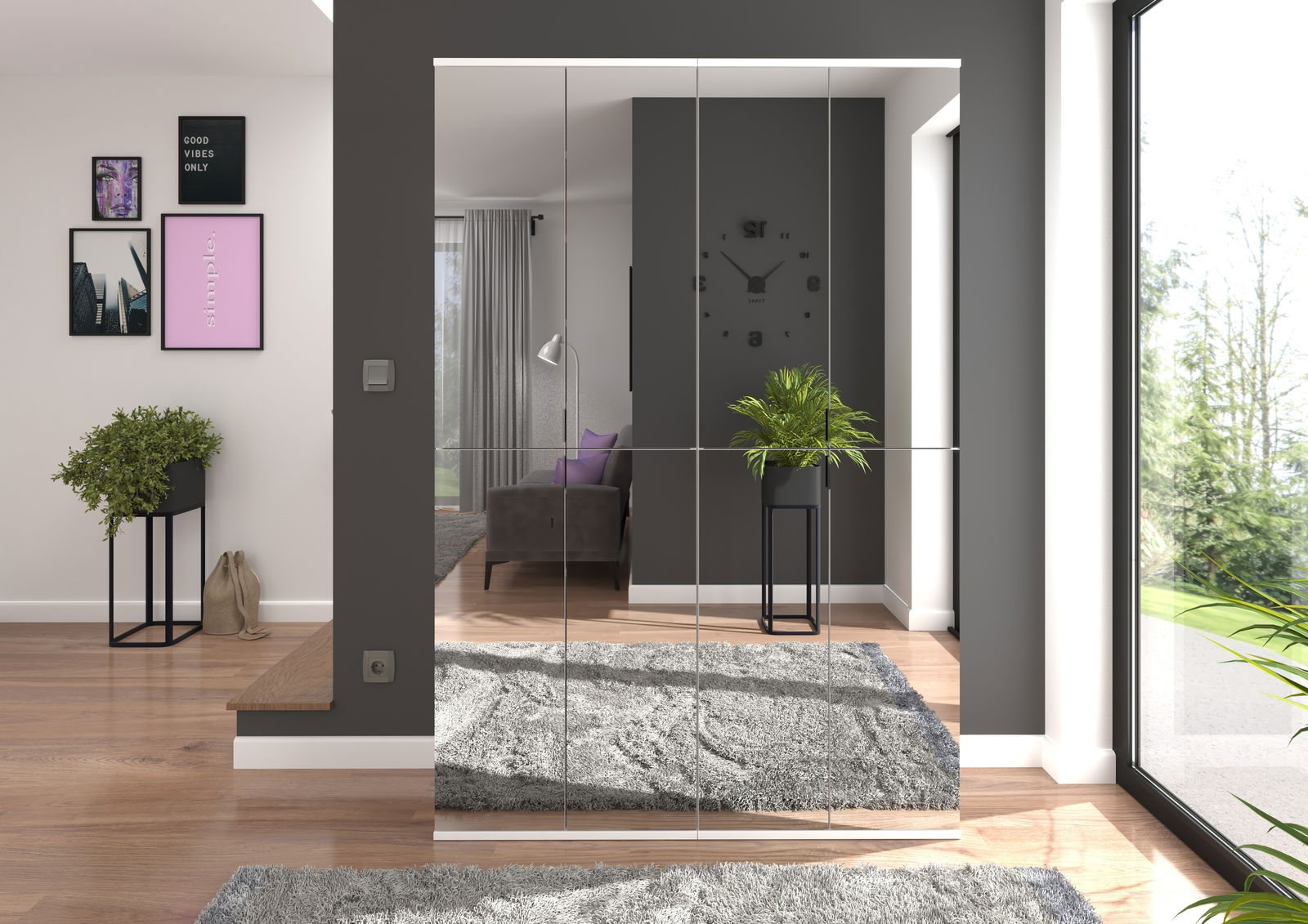 Moderne Garderobenkombination mit verspiegelten Türen, die einen eleganten Eingangsbereich mit Pflanzen und Wanddekorationen reflektieren. Perspektive von vorne.