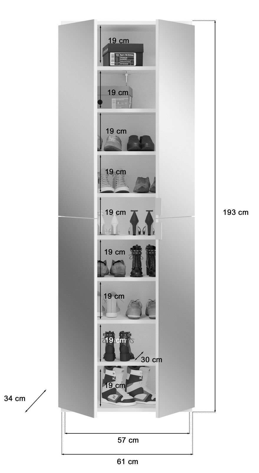 Garderobenschrank mit mehreren Fächern, gefüllt mit Schuhen und Kartons, frontal abgebildet. Maße: 193 cm hoch, 61 cm breit, 34 cm tief.