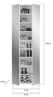 Garderobenschrank mit mehreren Fächern, gefüllt mit Schuhen und Kartons, frontal abgebildet. Maße: 193 cm hoch, 61 cm breit, 34 cm tief.