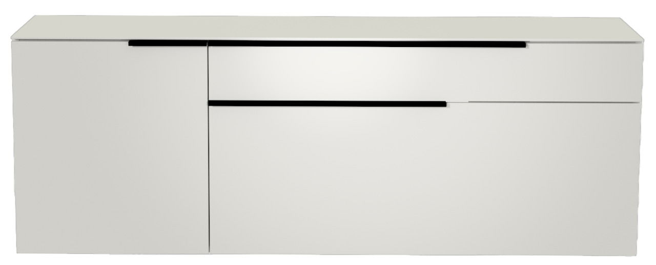 Frontansicht eines modernen, weißen Hänge-Lowboards mit schwarzen Griffen.