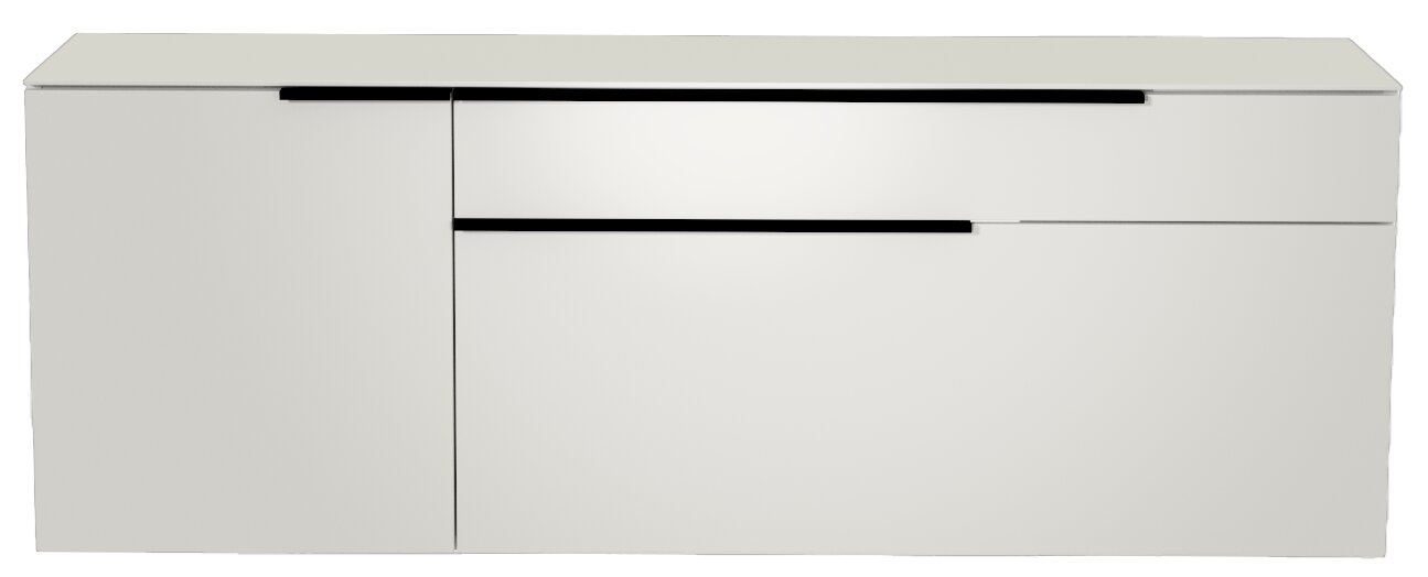 Frontansicht eines modernen, weißen Hänge-Lowboards mit schwarzen Griffen.