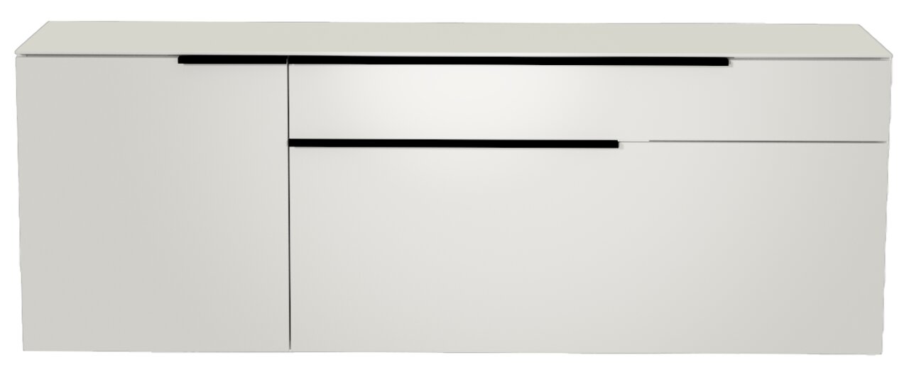 Moderano Hänge-Lowboard BORMIO Frontansicht eines modernen, weißen Hänge-Lowboards mit schwarzen Griffen.