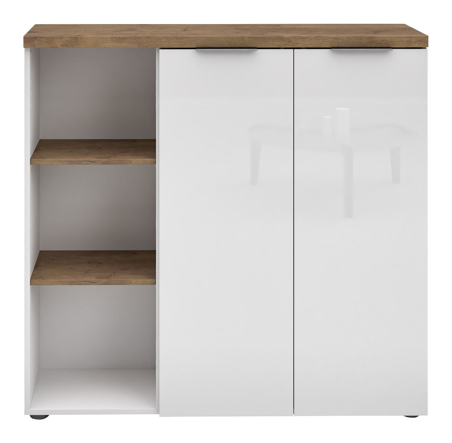 Vorderansicht eines niedrigen XL-Aktenschranks mit zwei weißen Türen und offenen Regalfächern auf der linken Seite, Holzoberfläche.