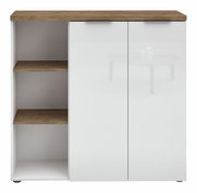 Vorderansicht eines niedrigen XL-Aktenschranks mit zwei weißen Türen und offenen Regalfächern auf der linken Seite, Holzoberfläche.