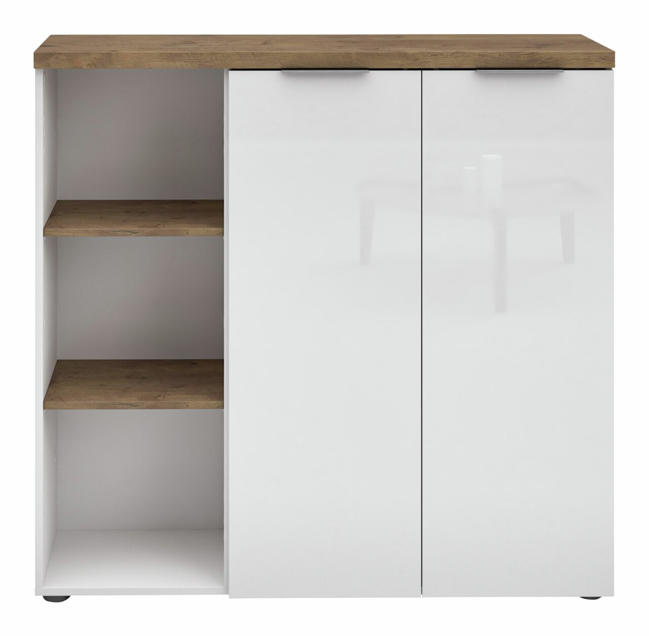 Vorderansicht eines niedrigen XL-Aktenschranks mit zwei weißen Türen und offenen Regalfächern auf der linken Seite, Holzoberfläche.