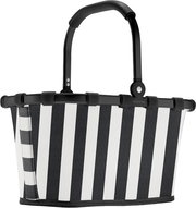 Schwarz-weiß gestreifter Einkaufskorb mit klappbarem schwarzem Tragebügel, frontal in leichter Schrägansicht vor weißem Hintergrund.