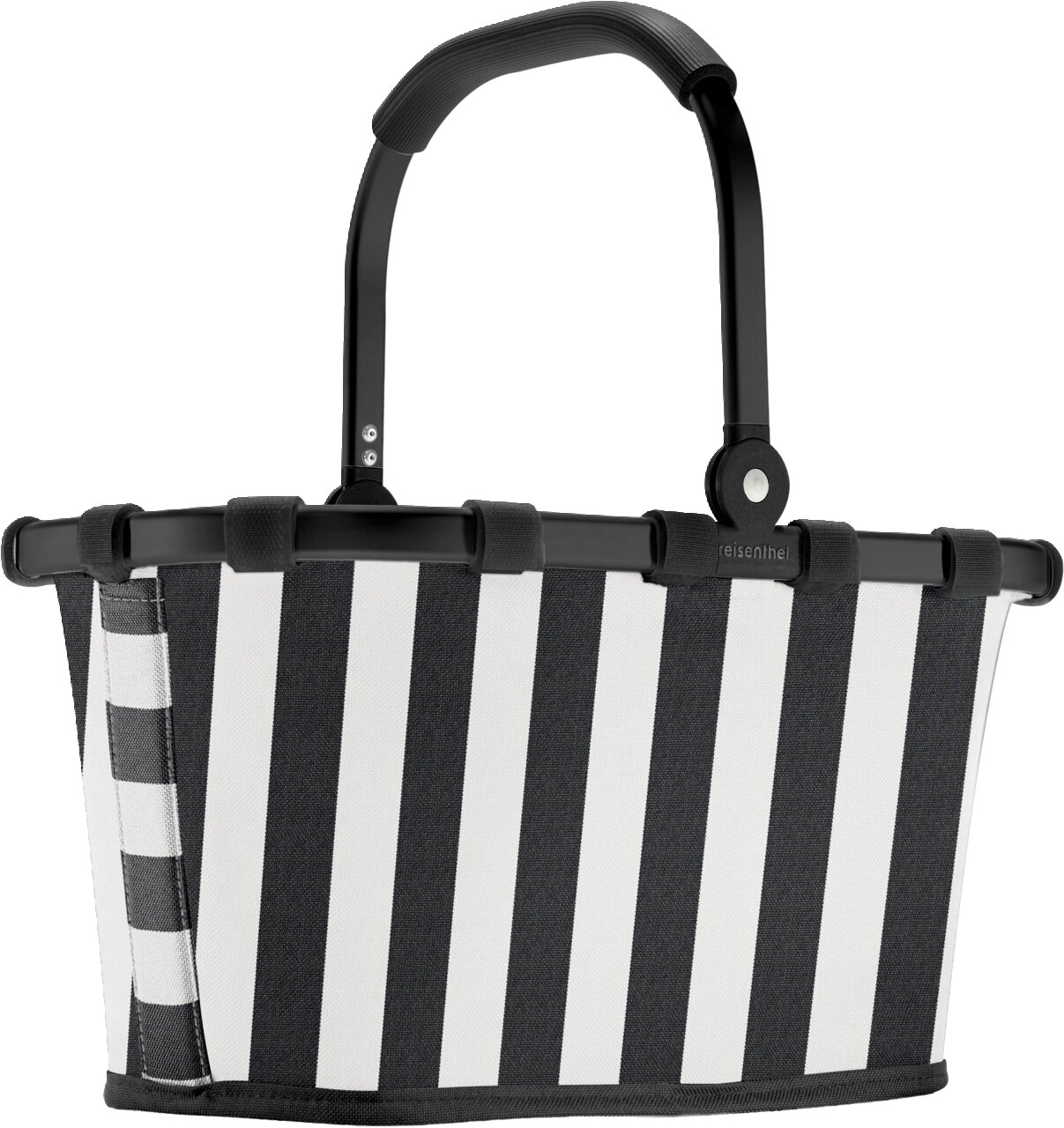 Schwarz-weiß gestreifter Einkaufskorb mit klappbarem schwarzem Tragebügel, frontal in leichter Schrägansicht vor weißem Hintergrund.