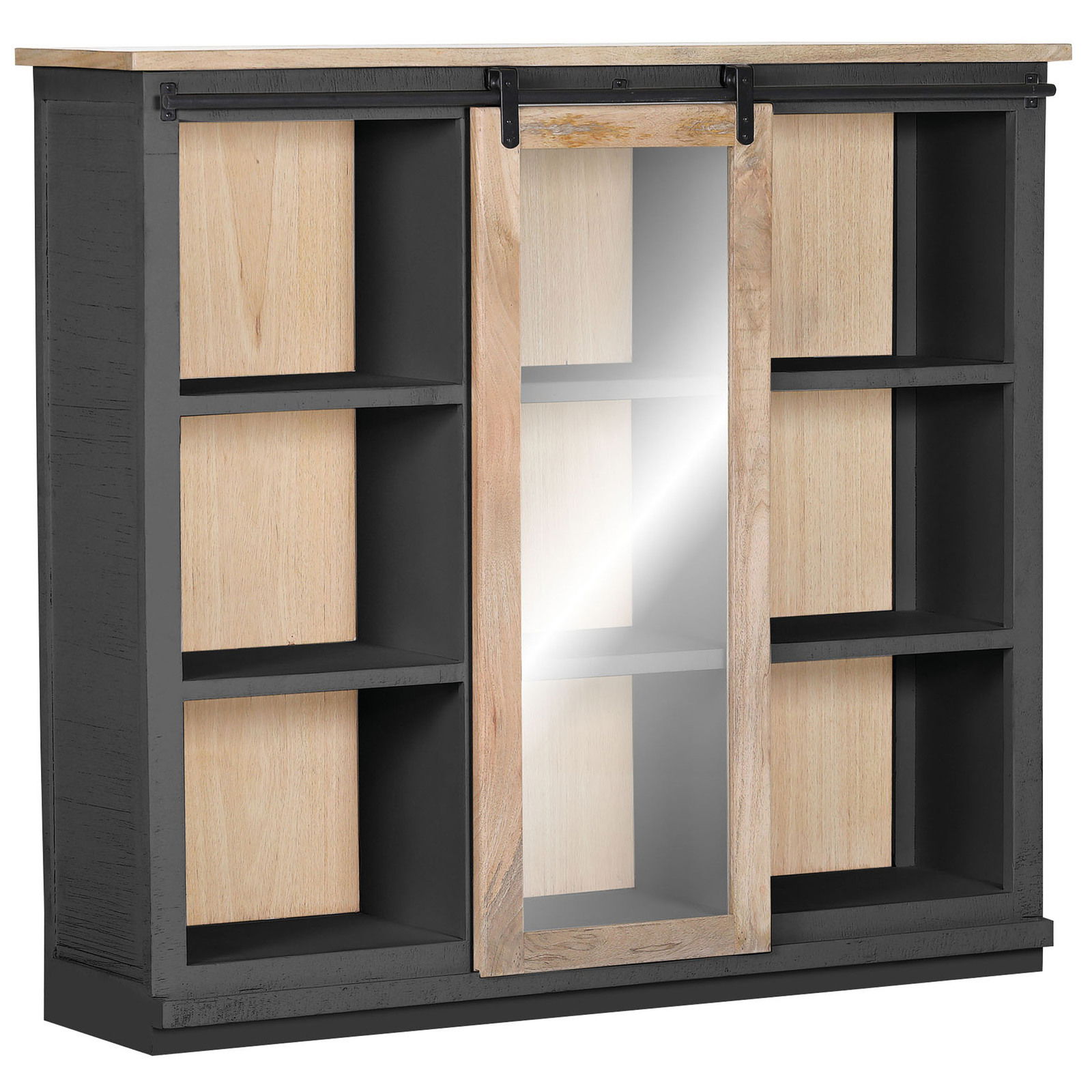 Buffet-Aufsatz mit schwarzem Rahmen, hellen Holzeinsätzen und einer Schiebetür mit Spiegel, seitliche Perspektive