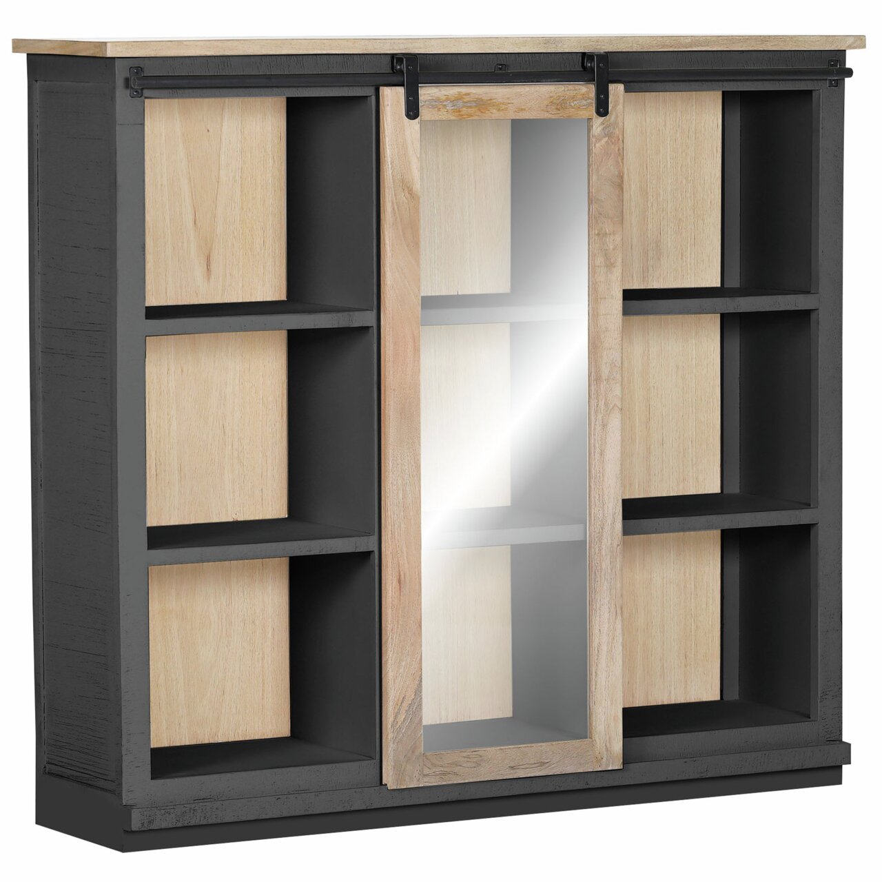 Buffet-Aufsatz mit schwarzem Rahmen, hellen Holzeinsätzen und einer Schiebetür mit Spiegel, seitliche Perspektive