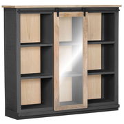 Buffet-Aufsatz mit schwarzem Rahmen, hellen Holzeinsätzen und einer Schiebetür mit Spiegel, seitliche Perspektive